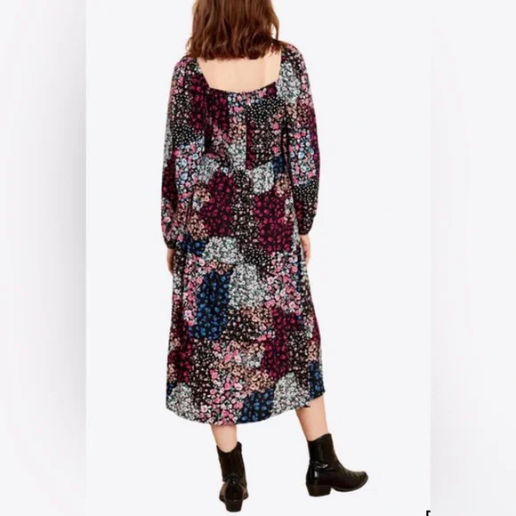 Patchwork square neck midi boho peasant milkmaid cottagecore dress puff sleeve - Picture 2 of 7